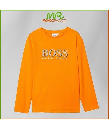 T-shirt arancione a maniche lunghe, Hugo Boss, con logo frontale